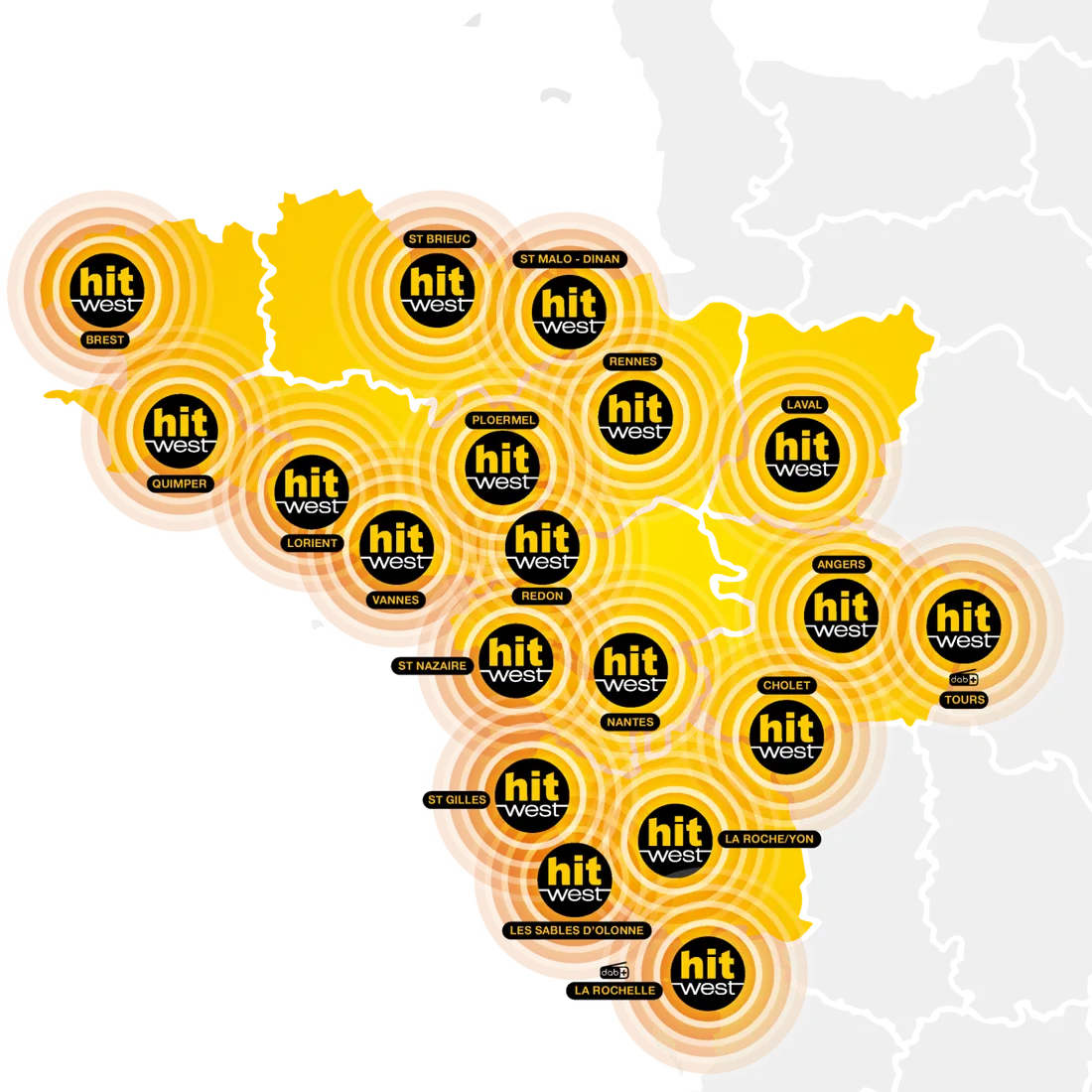 Carte des fréquences Hit West en FM et DAB+