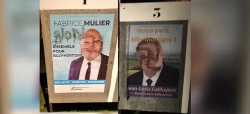 Des tags de croix gammées sur des affiches de campagne à...