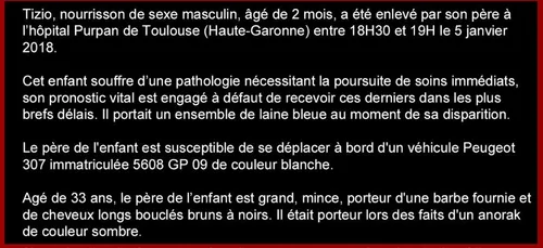 Alerte enlèvement pour un bébé en danger de mort